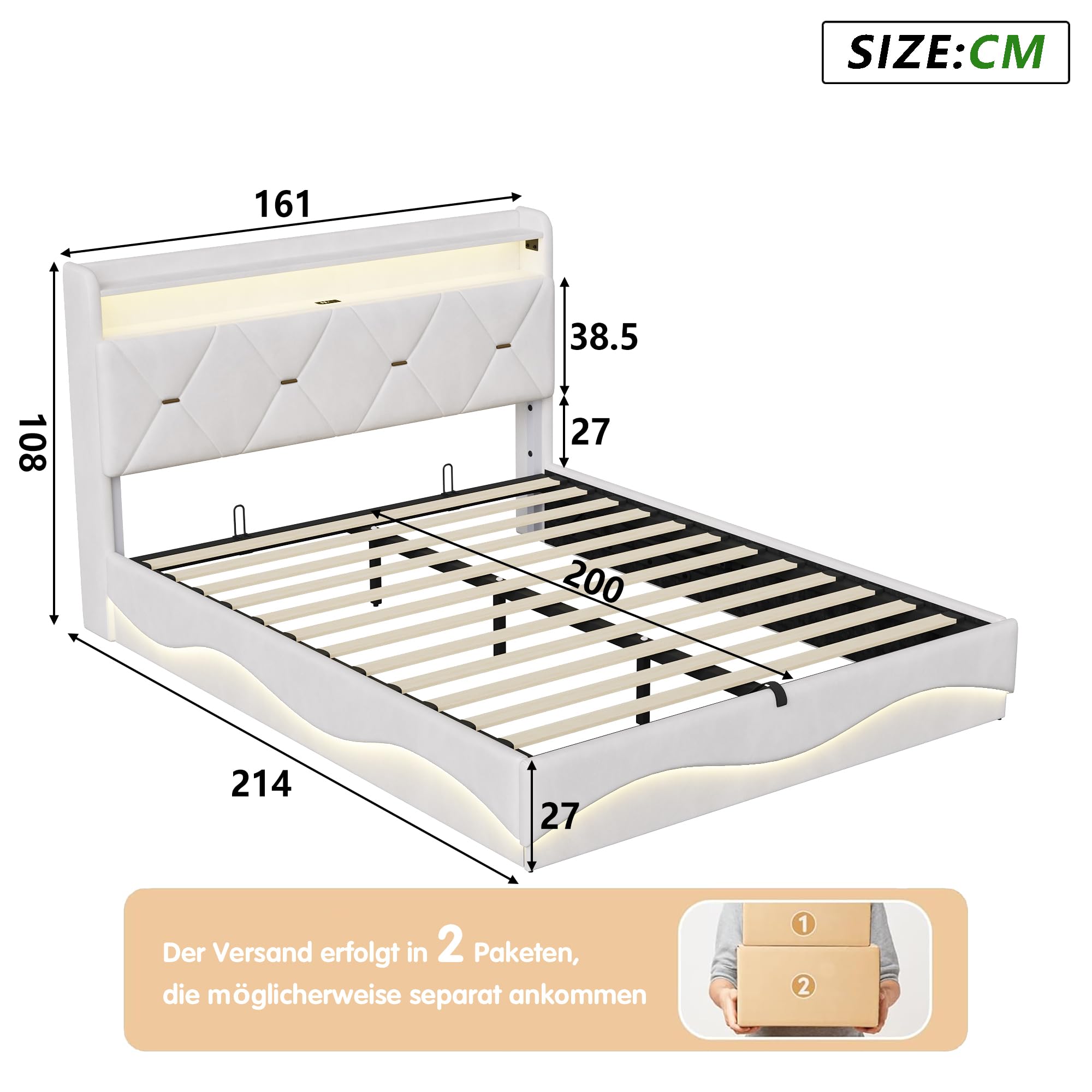 Cama con Caja Fuerte 160 x 200 cm con LED y puertos USB, camas dobles tapizadas con almacenamiento hidráulico, cabecero con estantes abiertos, camas para adultos y jóvenes, sin colchón (beige