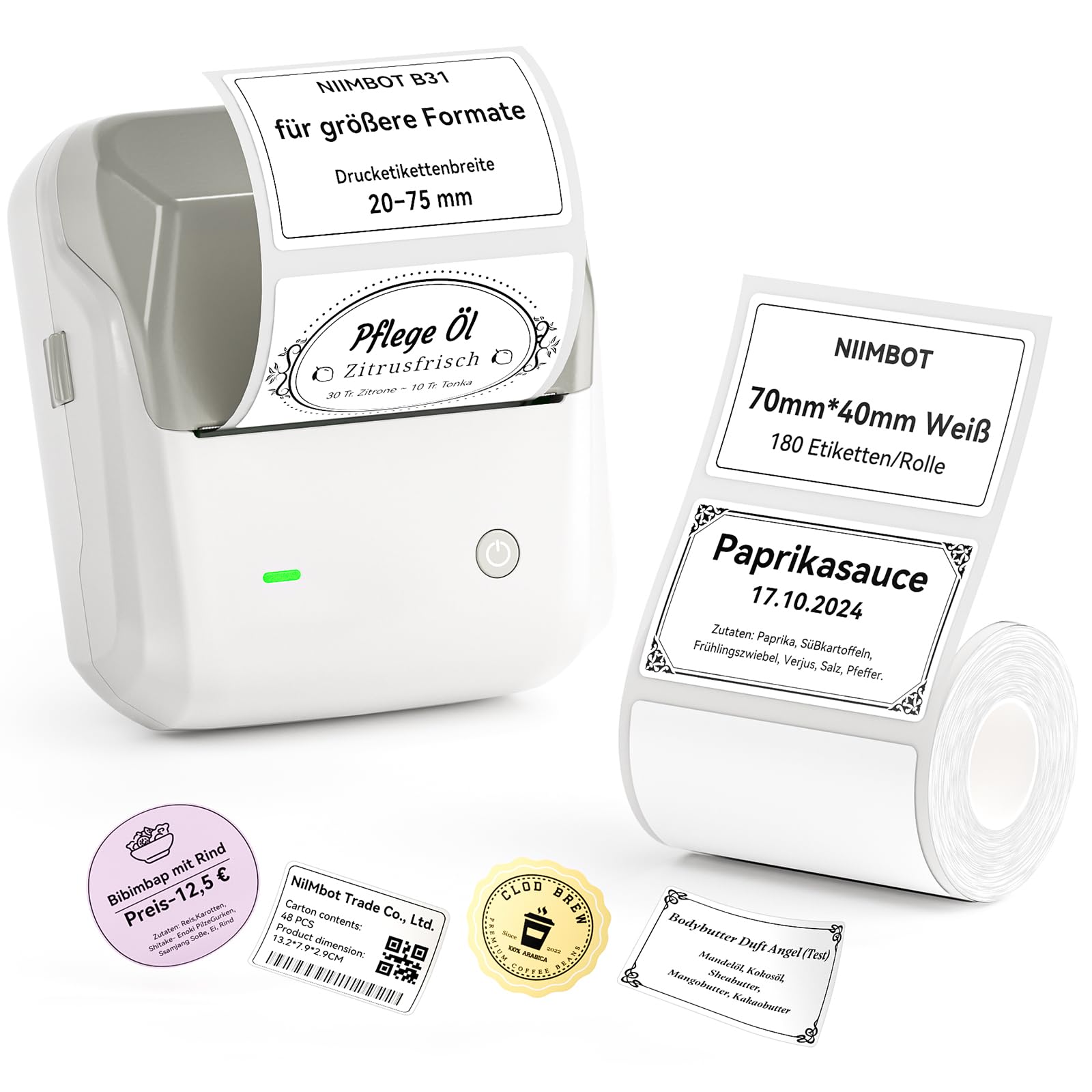 NIINBOT drukarka etykiet Bluetooth, do kodów kreskowych, biura, handlu detalicznego, małych firm, B31 przenośna drukarka etykiet z etykietami, samoprzylepna, 70 x 40 mm, ciemnoniebieska