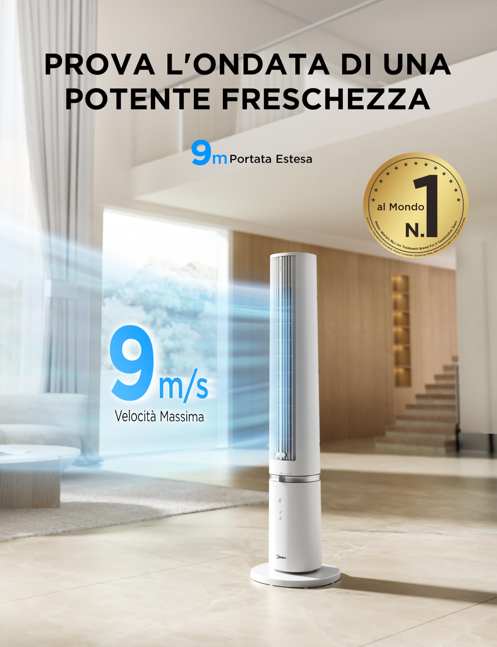 Midea MTF25FRG 40‘’ Ventilatore a Torre Silenzioso per Casa e Camera da Letto, Raffreddamento Potente 9 m/s, Telecomando Omni, 90° Oscillazione, Design Smontabile e Lavabile, 4 Velocità, Bianco