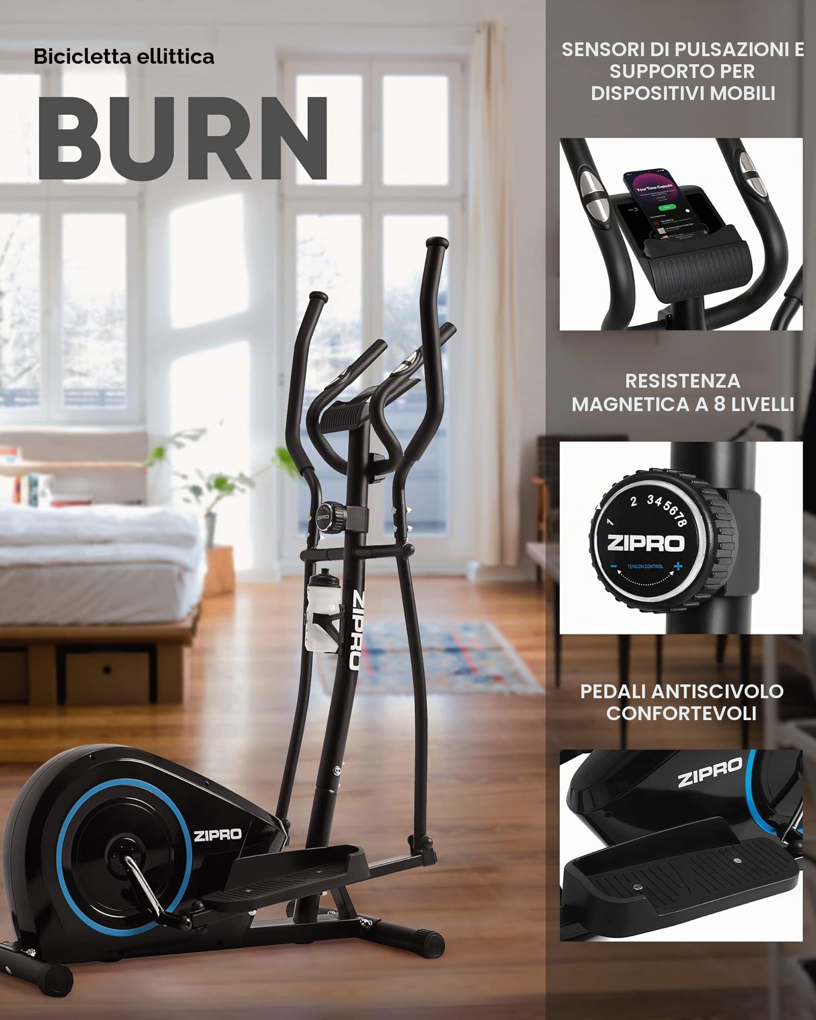 Zipro Crosstrainer Burn, Ellittico fino a 120 kg, Attrezzo cardio per la casa, Macchina da allenamento cardio, Ellittica, Cyclette, 8 livelli di resistenza