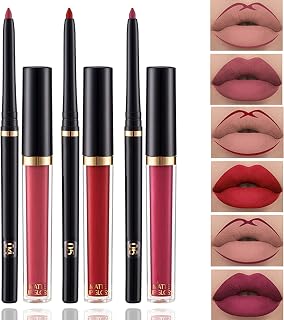 Lip Liner and Lipstick Set, 3 Colors Matte Liquid Lipstick + 3 Matching Smooth Lipliner Pencil,Waterproof High Pigmented Long-Lasting Lip Gloss Velvet Lipgloss Non-Stick Cup Not Fade Lip Stick Set(Set B)