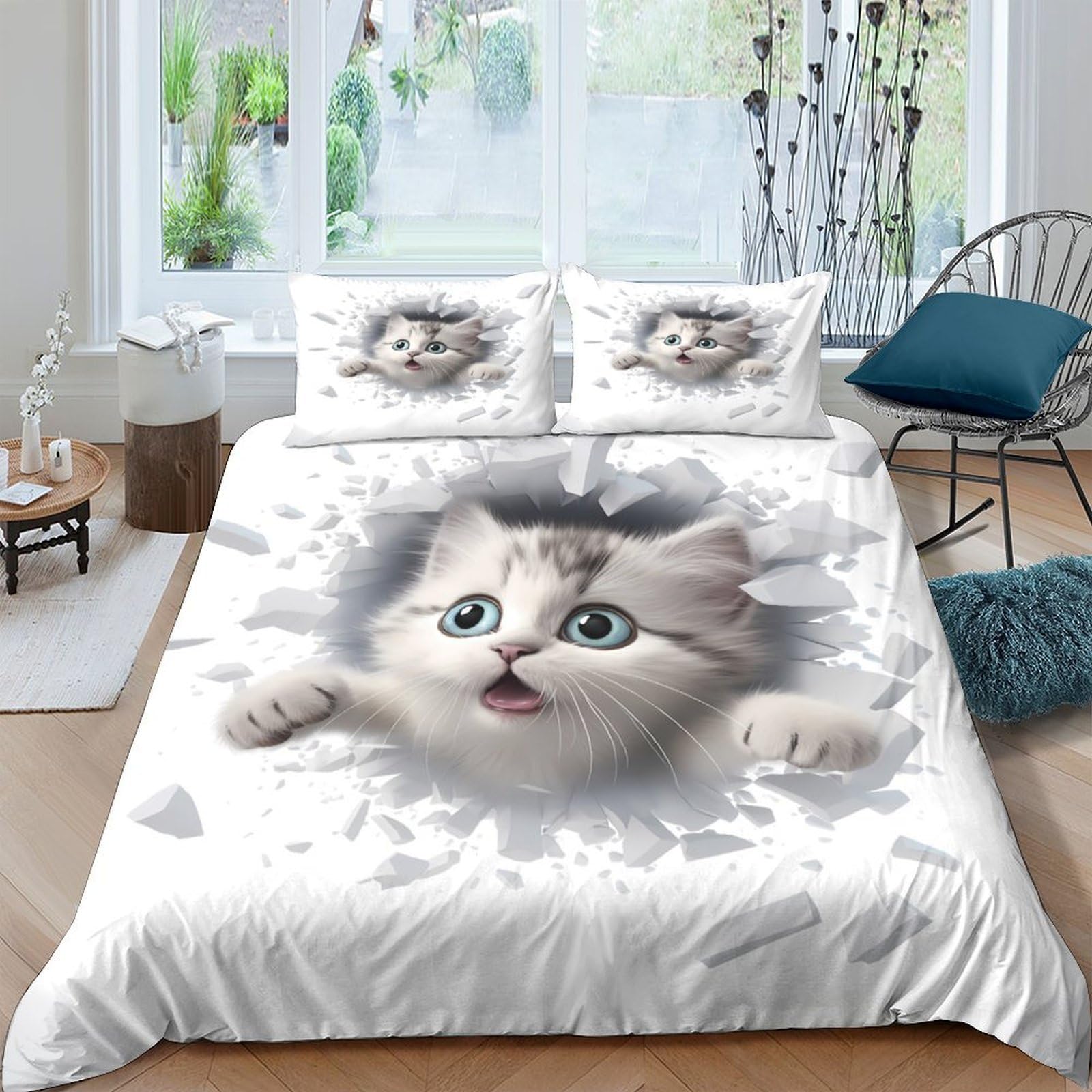 Ctjqhvkz Style-4 3D Printed Cute Kitten Fitted Sheet Microfiber White Fluffy Cat Mattress Cover For Bedroom Guest Room Soft Washable Single（135X200cm）