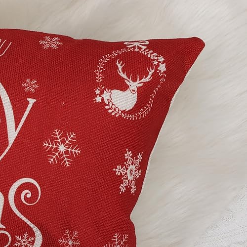 Miniatura 10 de Bonhause Juego de 4 fundas de almohada rojas navideñas de 18 x 18 pulgadas, diseño de copos de nieve de reno, para sofá, decoración de vacaciones de
