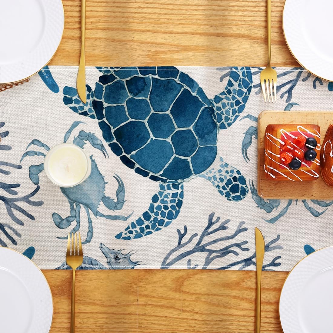 Avoik Tafelloper met schelpen, zomers, oceaanthema, tropische blauw, seizoensgebonden boerderij, tafelcentrum, decoratie voor keuken, diner, feest, vakantie, woondecoratie, 33 x 180 cm, octopussen