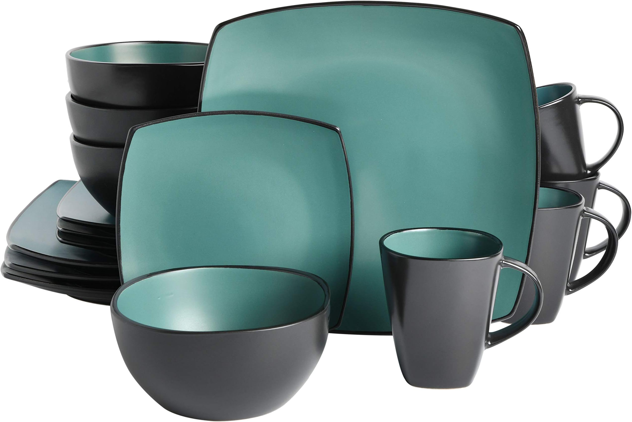 Soho Lounge Square Reactive Glaze Stoneware Dinnerware Set, Service for 4 (16pc), Matte Jade