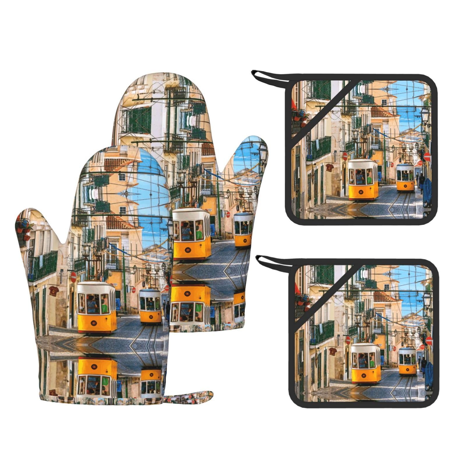 lisbon tram Printed Oven Gloves and Hot Pads Set of 4, High Heat Resistant Silicone Mitts for Cooking BBQ
