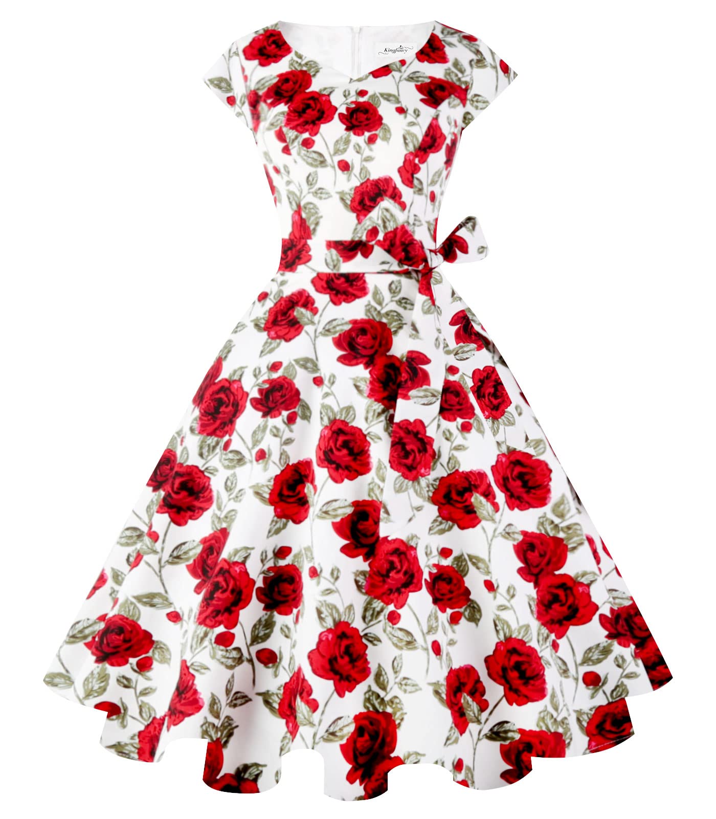 Kingfancy Women Vintage 1950s Dress Retro Cocktail Party Swing Dresses with Cap Sleeves