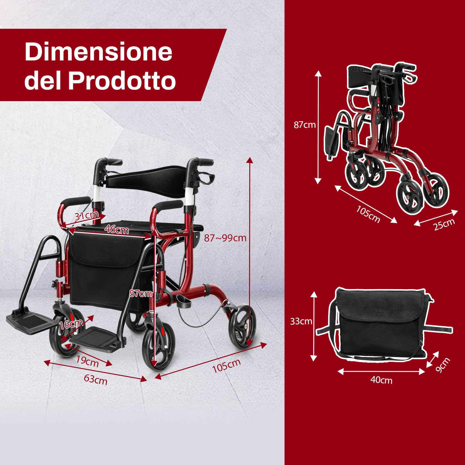 COSTWAY Deambulatore 2 in 1 per Anziani in Alluminio, Rollator Pieghevole e Regolabile in Altezza con Sedia, Schienale Reversibile, Manici Regolabili, Ruote, Poggiapiedi e Borsa Rimovibile (Rosso)