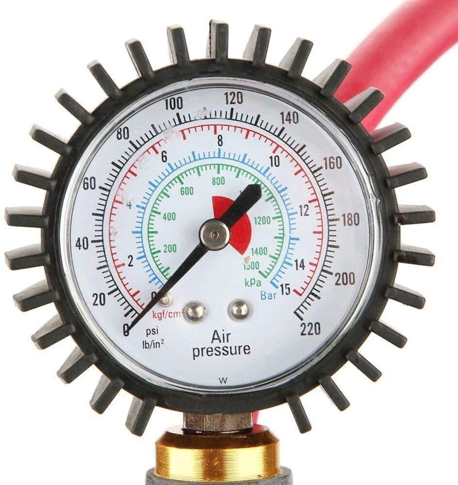HMTE Strumenti Manometro per Pneumatici, da 0 a 220 PSI, valvola di Tenuta, Tubo Flessibile, Pulsante di spurgo della Pressione, Accessorio per Auto con Coperchio in Gomma