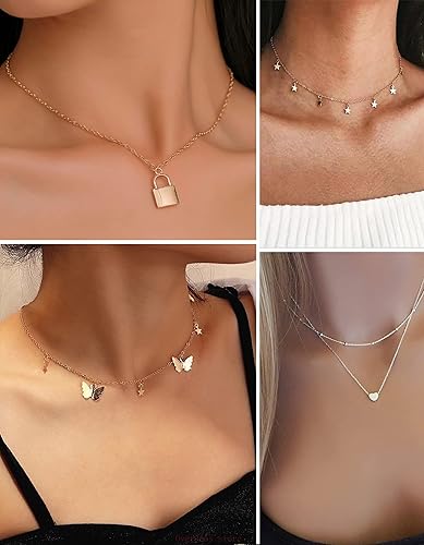 Miniatura 4 de Juego de 12 piezas con cadena de oro, collar de cuentas de moneda, luna, estrella, dije de perla, gargantilla de cadena multicapa, de piel, tono