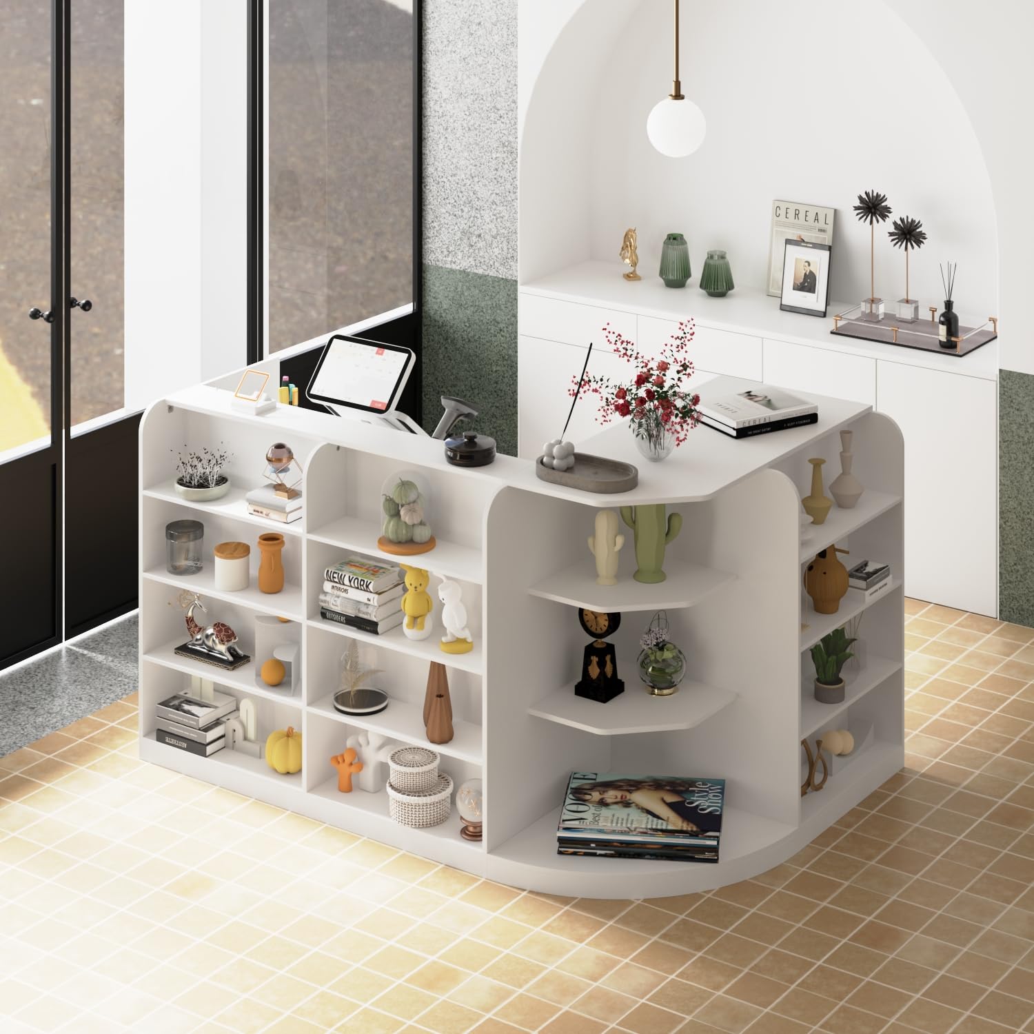 Table de caisse en forme de L, comptoir d'angle avec 3 tiroirs et 1 armoire, grand comptoir avec étagères