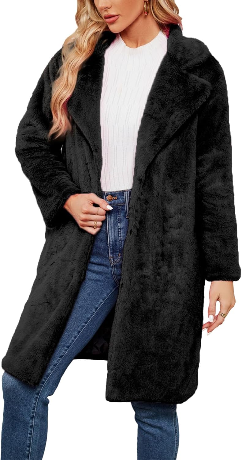 Womens Long Faux Fur Coats Lapel Faux fur Jacket Fluffy Coats Fuzzy Winter Jacket with Pockets