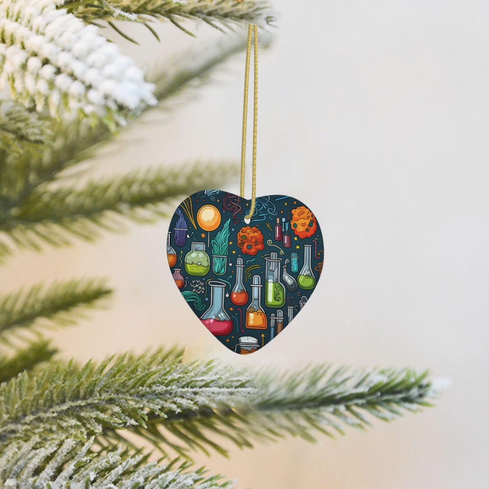 Cartoon Science Theme Print Christmas Ornaments Christmas Tree Ceramic Hanging with Gold Ribbon Heart Shape Ornament Porcelain Christmas Tree Ornament Decorations