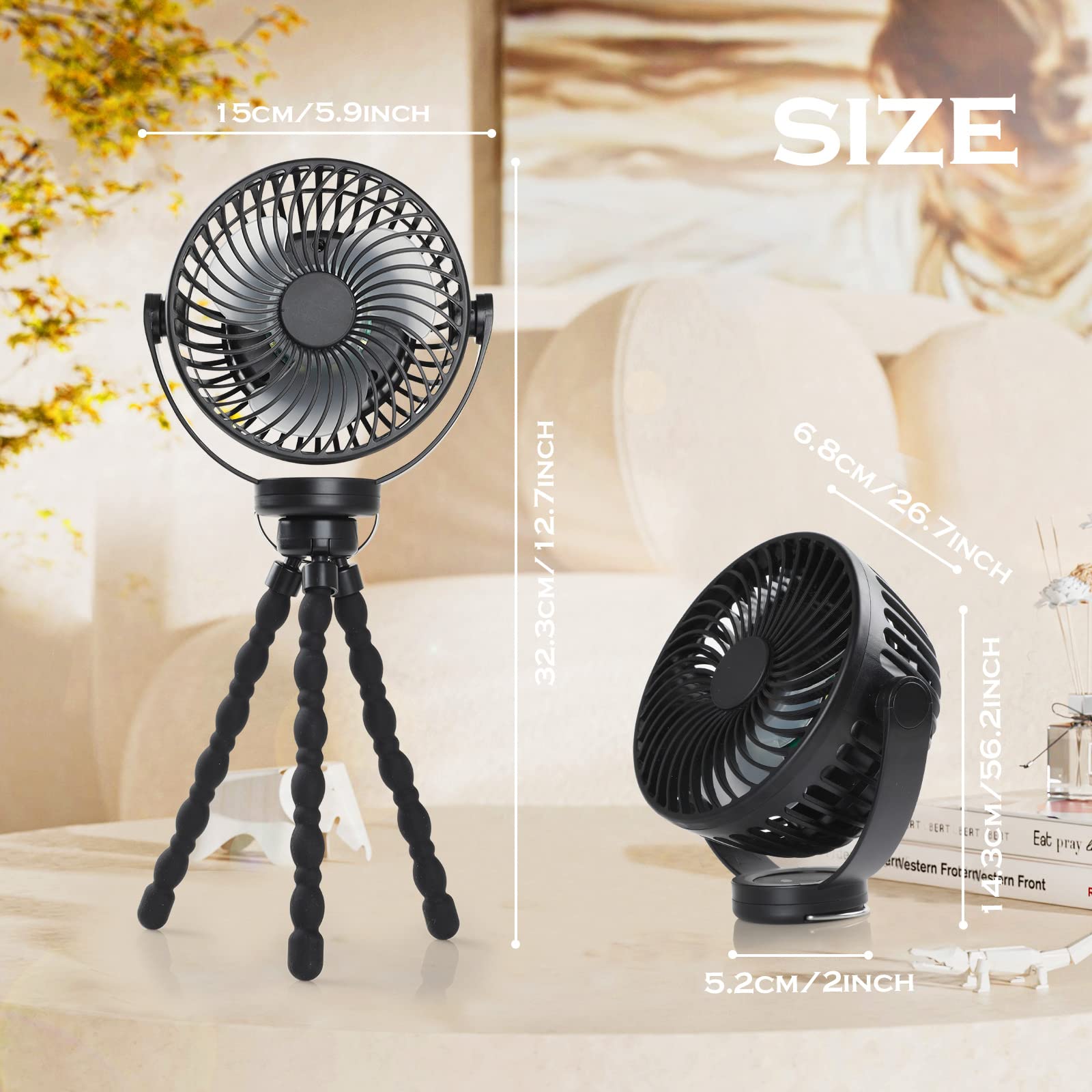 Hianjoo Kinderwagen Ventilator mit LED Leicht, 5200mAh Kleiner Tischventilator Camping Ventilator, 360° Drehung Tragbarer Wiederaufladbar Ventilator für Camping Zelte Hause Büro - Schwarz