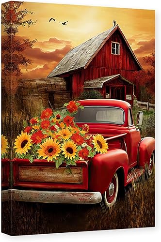 CCWACPP Lienzo de granero de camión rojo para pared, cuadros de granja, decoración de pared, póster de pintura de granja rústica, marco de