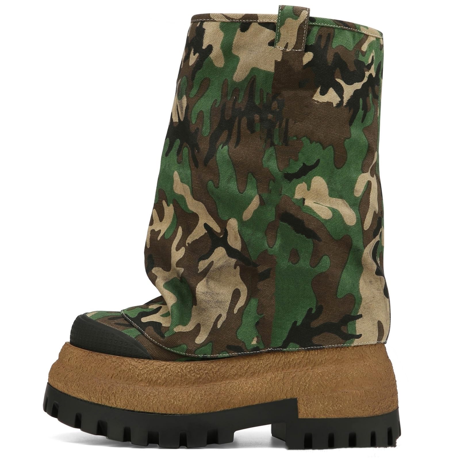 Womens Canvas Camouflage Boots Slouchy Foldover Platform Round Toe Western Pull-On Fashion Boots