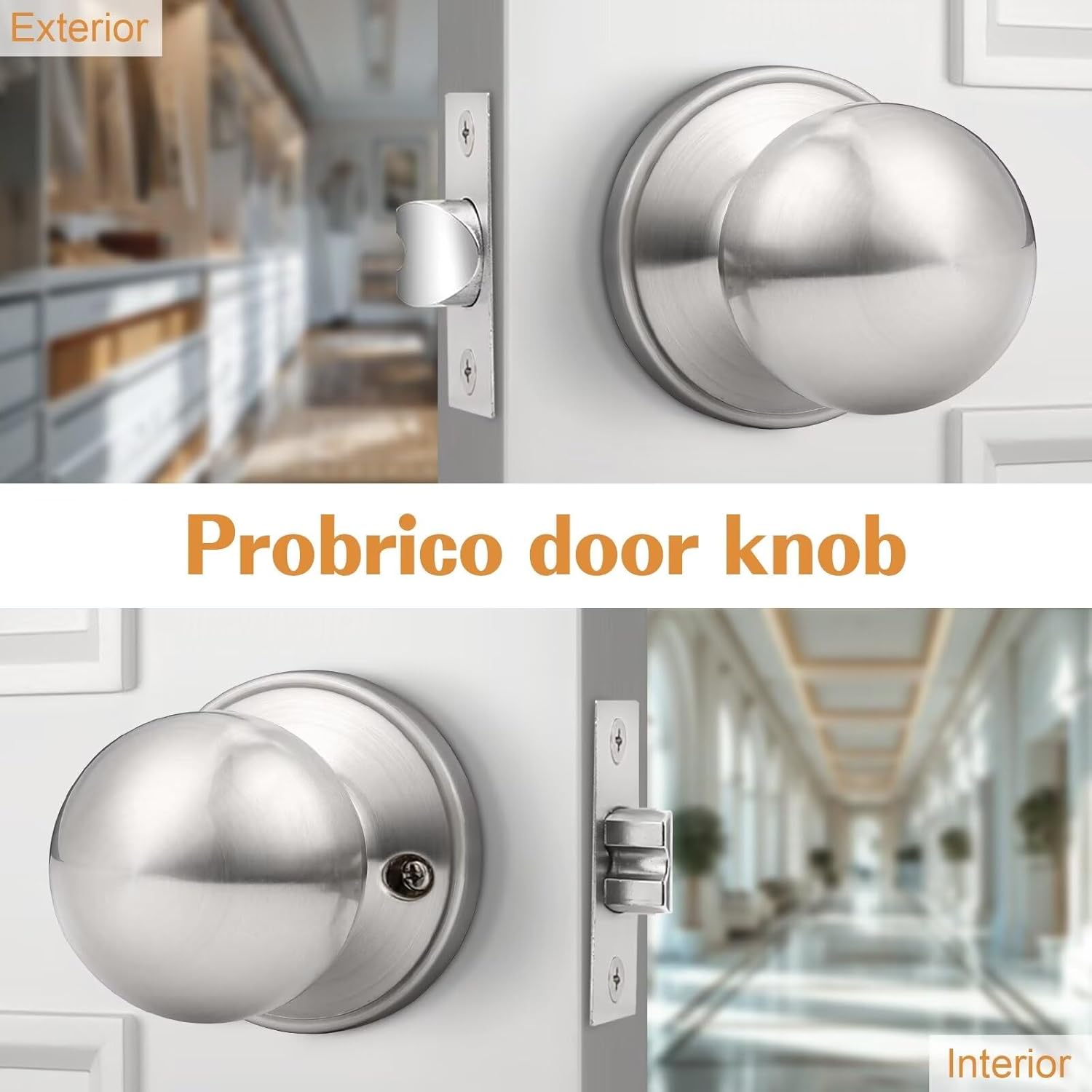 Probrico 3Pack Round Brushed Nickel Passage Door Knobs Interior Door Handles for Hallway Closet, Keyless Passage Door Lock