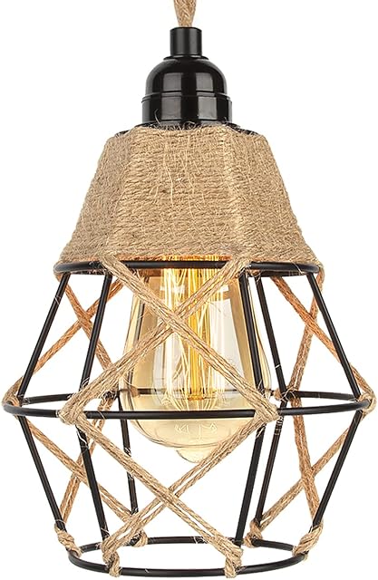 Frideko Black Lampshade - Vintage Light Shade, Farmhouse Country Hemp Rope Metal Lamp Shade with White Lamp Shade Reducer Ring for Ceiling Light Pendant Light Fitting kit