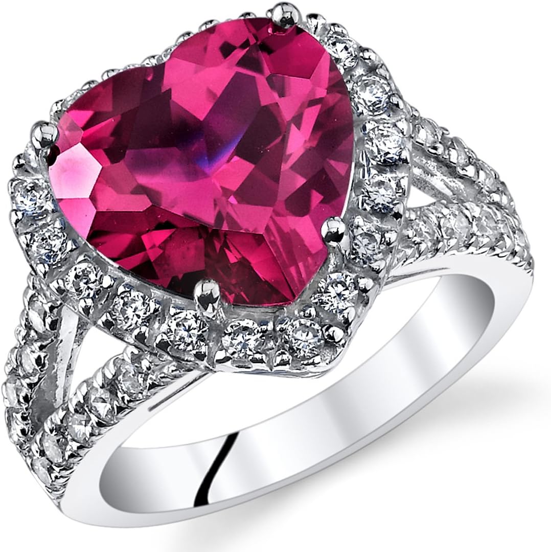 PEORA Created Ruby Signature Heart Ring for Women 925 Sterling Silver, Large 6.25 Carats Heart Shape 11mm, Sizes 5 to 9