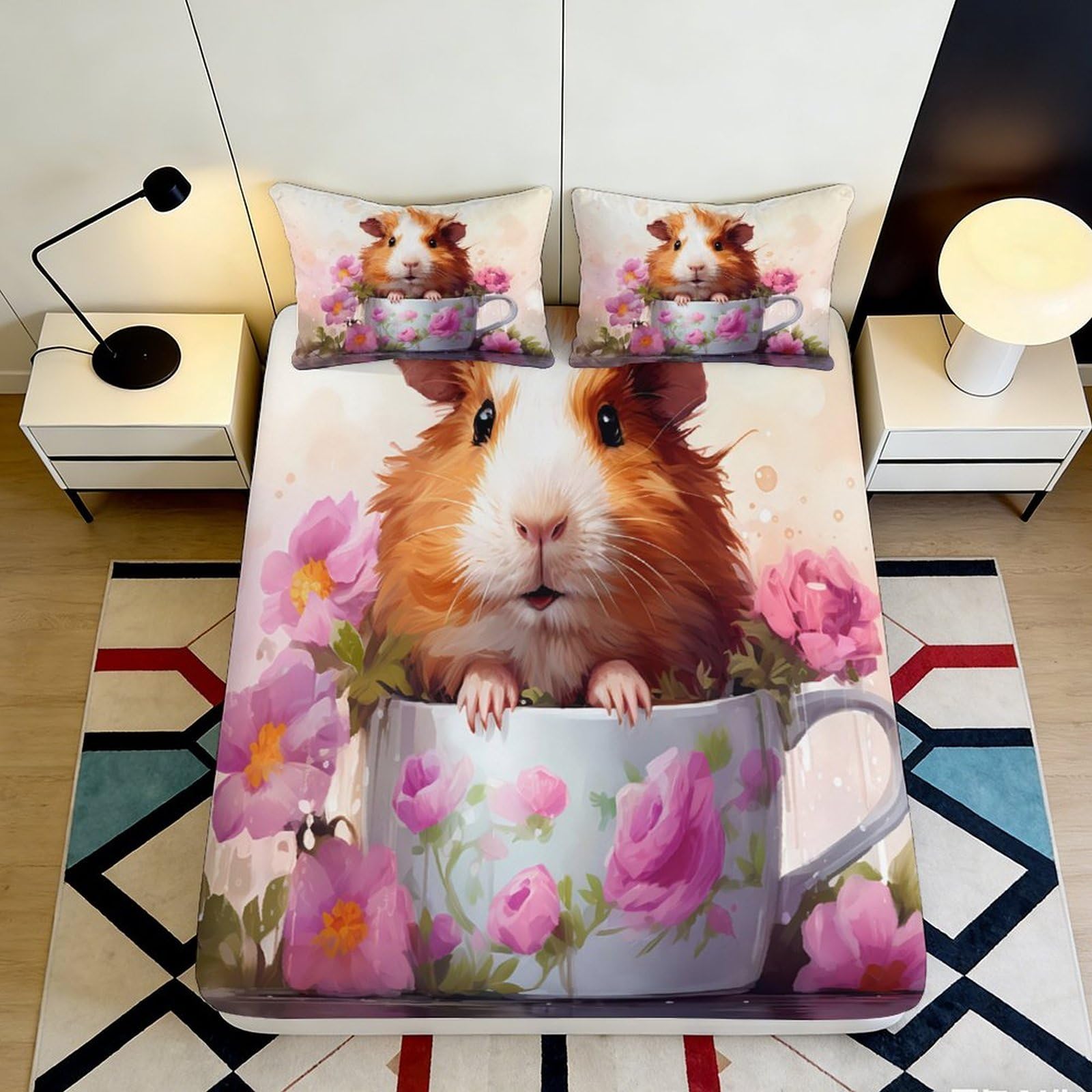 3D Printed Cute Guinea Pig Fitted Sheet Microfiber Soft Floral Mug Bed Cover for Bedroom Dorm Easy Care Decor 90x200x25cm