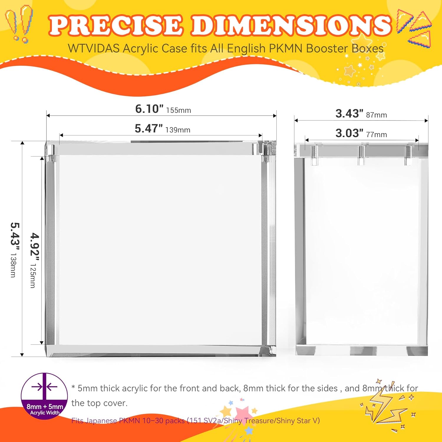 PKMN Booster Box Case 3 Pack, 8mm Ultra Thick Acrylic Protector with Magnetic Lid, Stackable Clear Display Box for Trading Card Collection