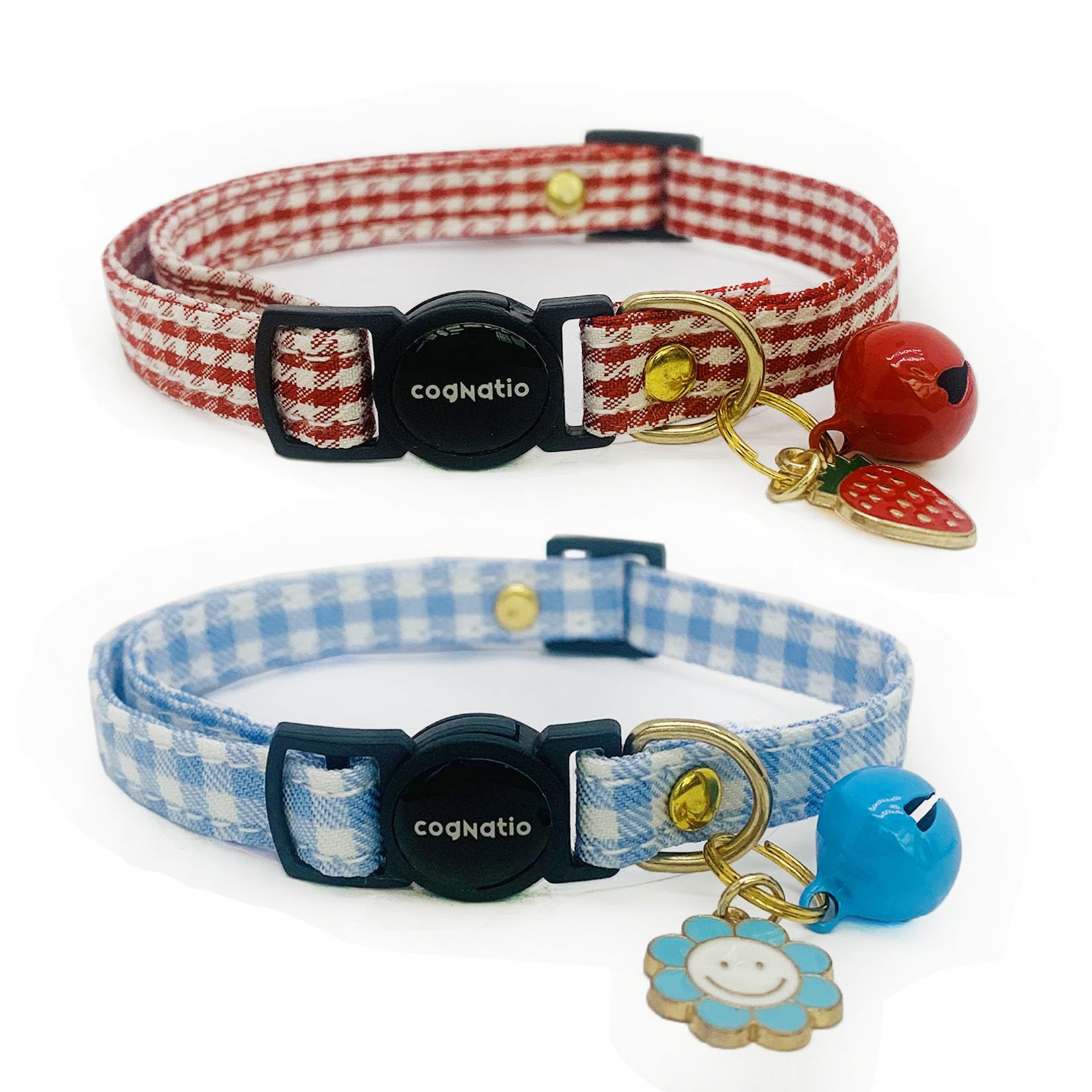 2 Pack Cotton Breakaway cat Collars with Bell,Safety Quick Release Pendant Cute Kitten Collar,Adjustable 20-30cm (Red+Vista Blue, 20-30cm)