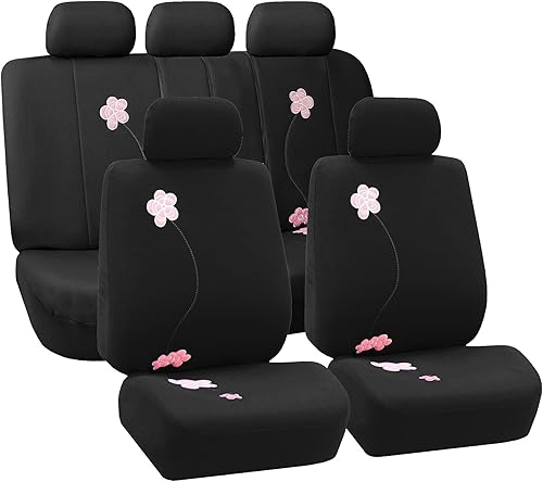 TLH Juego completo de fundas de asiento floral, compatible con bolsa de aire y banco dividido, color negro, ajuste universal para automóviles,