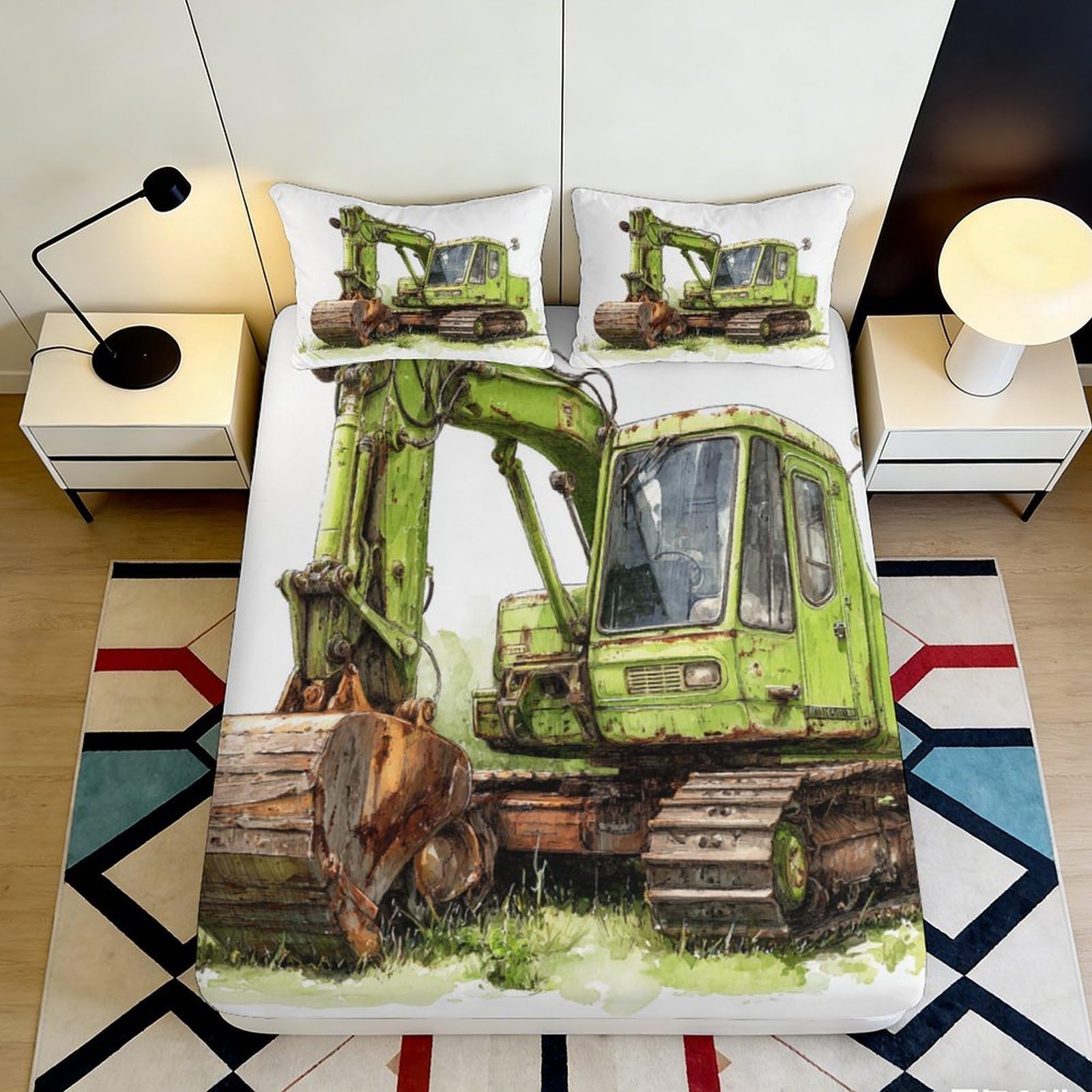 3D Printed Green Excavator Fitted Sheet Microfiber Soft Durable Construction Vehicle Bed Cover for Bedroom Dorm Mattress Protection 140x200x25cm