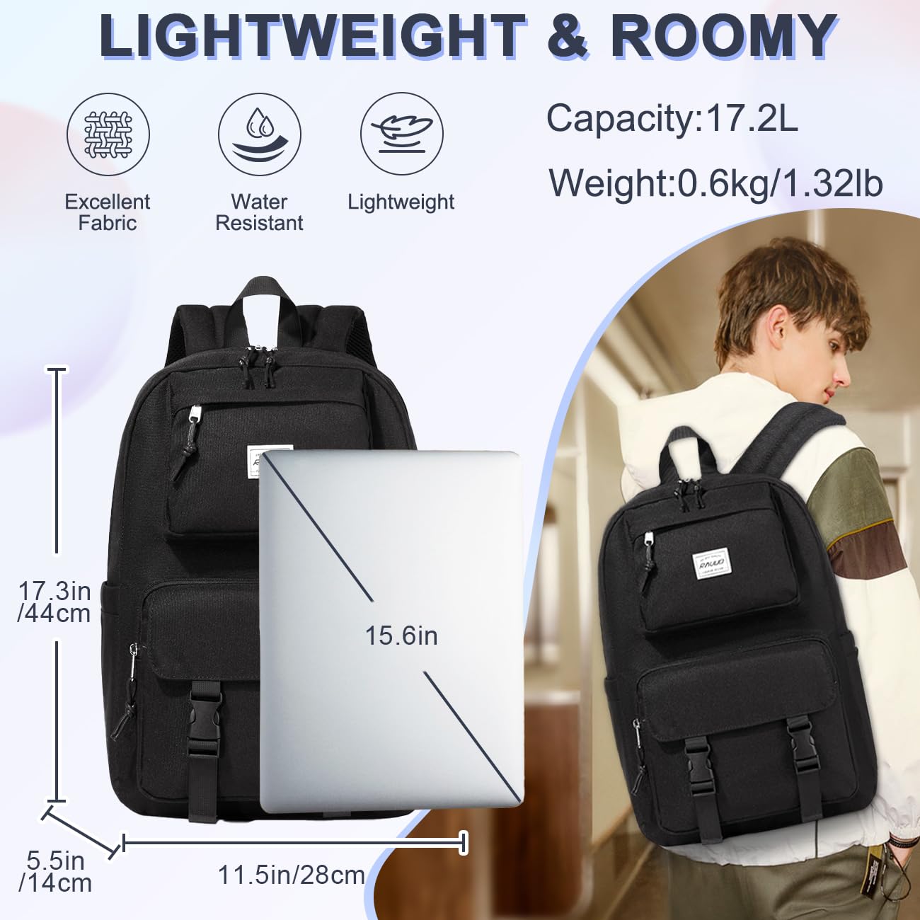 RAVUO Mochila Escolar Adolescente, Casual para Hombre y Mujer Impermeable Instituto Chica Chico Ligera Portatil 15.6 Pulgadas