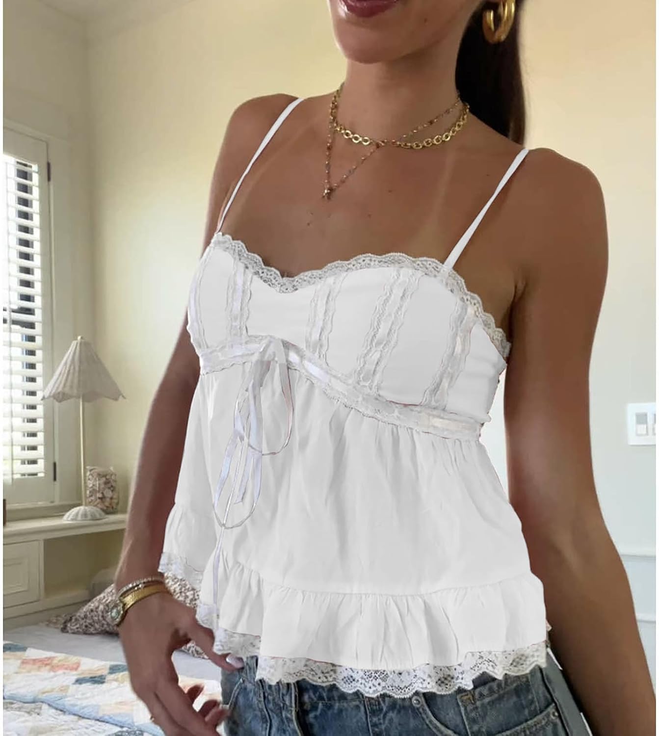 Women Sleeveless Lace Trim Tops Spaghetti Strap Tie Front Sexy Backless Shirts Going Out Y2k Cami Streetwear - Image 3