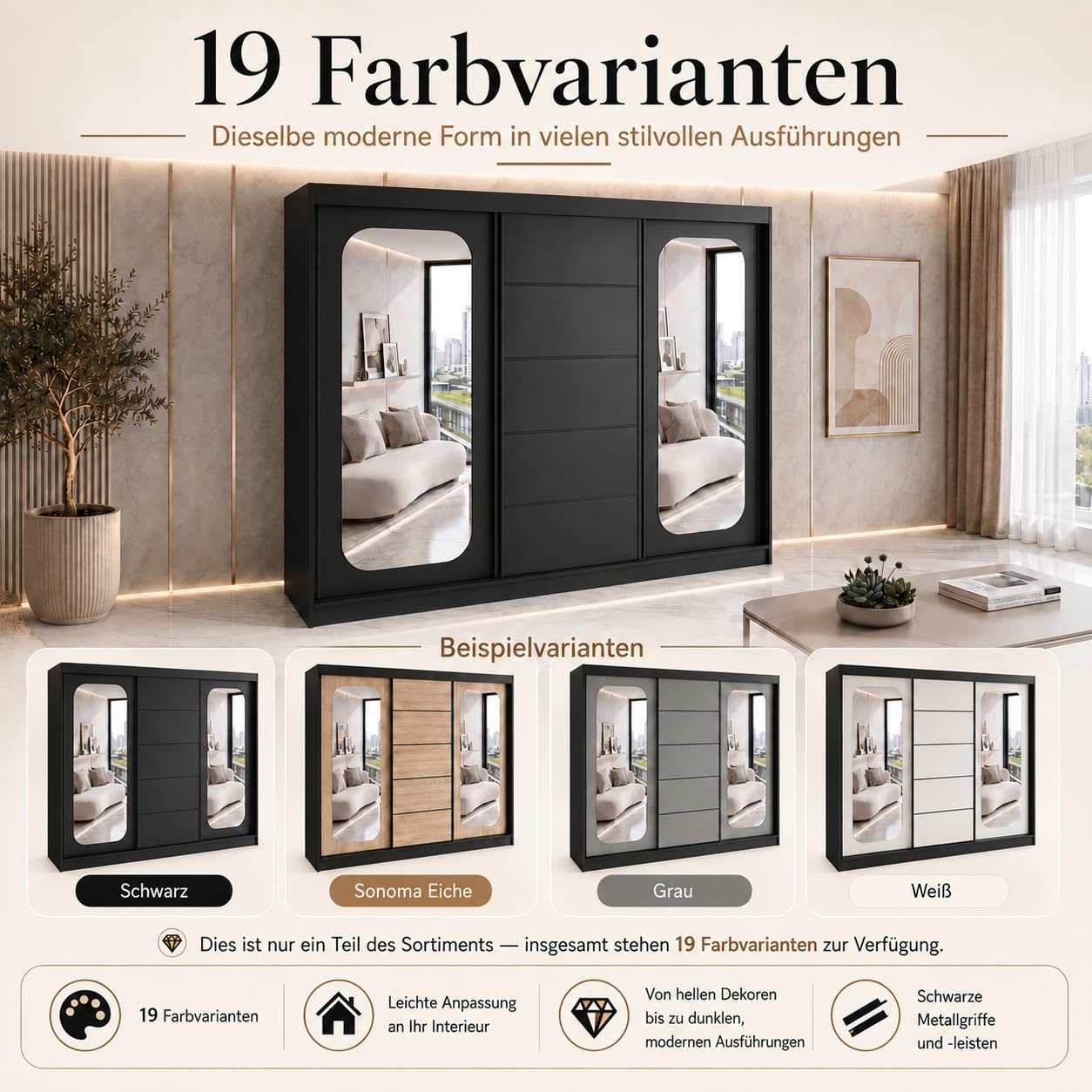 A&J MöbelLand BELANO Kleiderschrank mit Spiegel, Schwebetürenschrank 200 x 215 x 59,5 cm, 4 Schubladen, Kleiderstangen und Einlegeböden, Weiß/Graphit, Premium