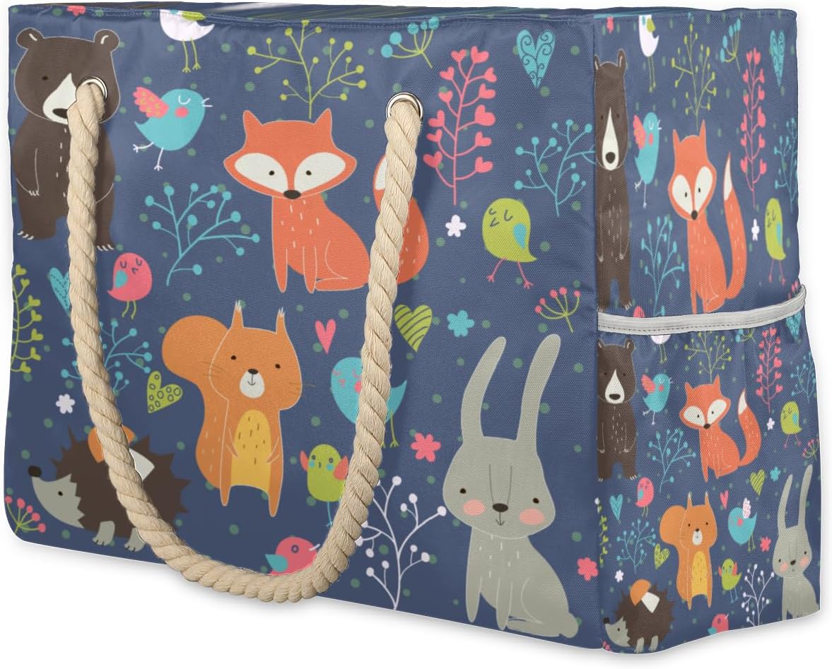 Fox Rabbit Squirrel Beach Bag for Women Waterproof Sandproof Tote with Zipper Cotton Rope Handles for Travel Pool Gym Shopping