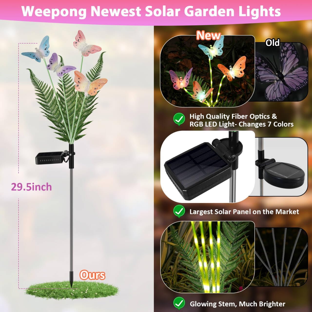 Solar Lights Outdoor Decorations Waterproof Newest Solar Garden Lights with Glowing Stems, 7-Color Changing Butterfly Flower Light for Outside Yard Pathway Garden Decor, Gift for Mother,2Pack - Image 2