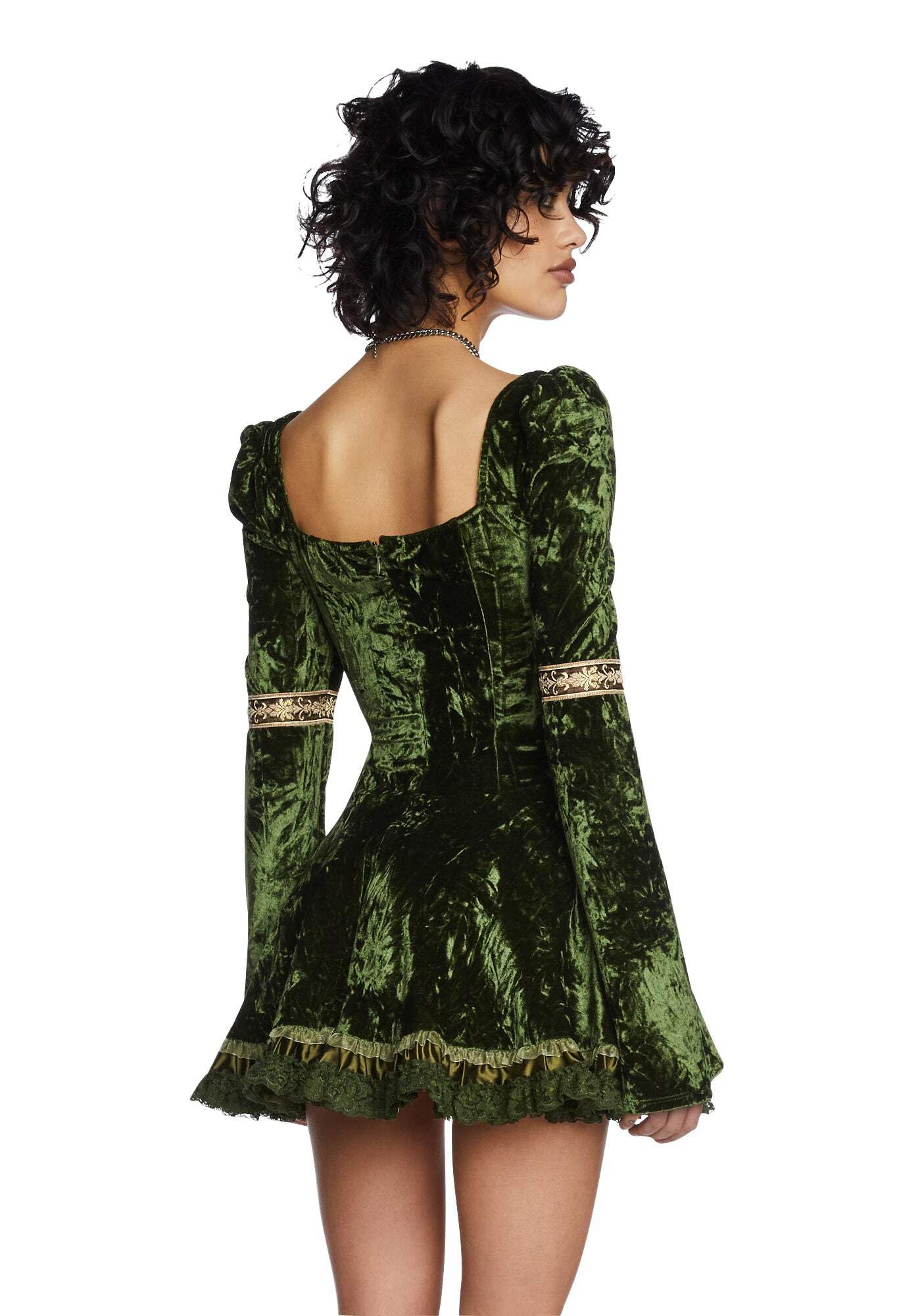 Dolls Kill Myths N' Legends Mini Dress by Current Mood – Green Velour Dress with Lace-Up Front & Puff Sleeves: X-Small Green