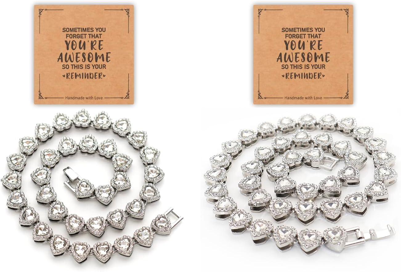 fasone Rhinestone Hearts Necklace, Iced Out Hearts Jewelry，Silver Tennis Necklace For Women，Tennis Necklaces For Women, Heart Tennis Necklace