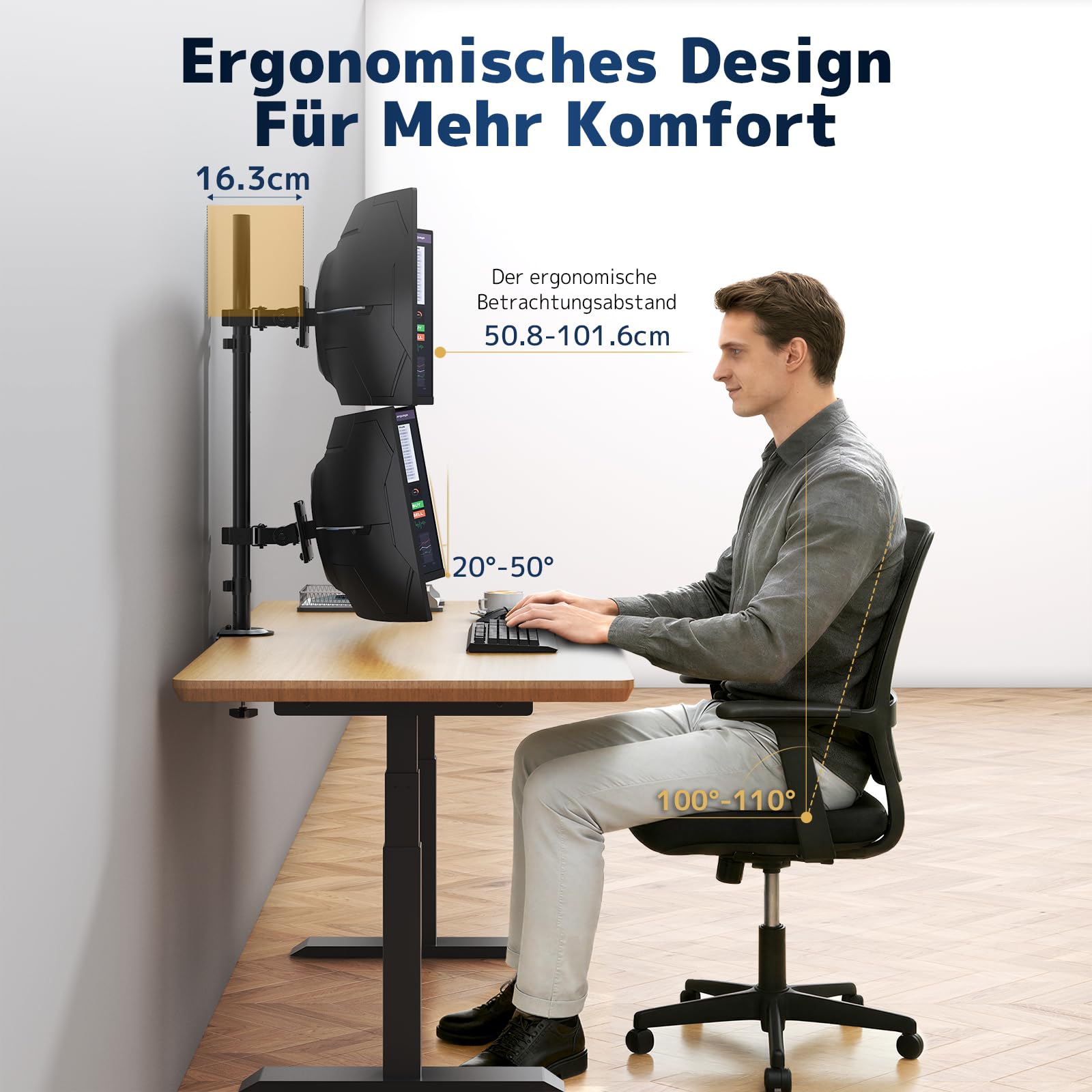 Monitor Halterung 2-Monitore übereinander für 17-49 Zoll Flach & Curved Bildschirme, Vertikale Bildschirmhalterung 2 Monitore Höhenverstellbar mit 20Kg Pro Arm, VESA 75/100 mm, Schwarz