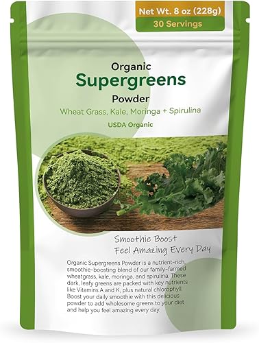 8 onzas - 8.01 oz, polvo orgánico de col rizada - Mezcla de verduras súper verdes con hierba de trigo, moringa y espirulina, rico en fibra y