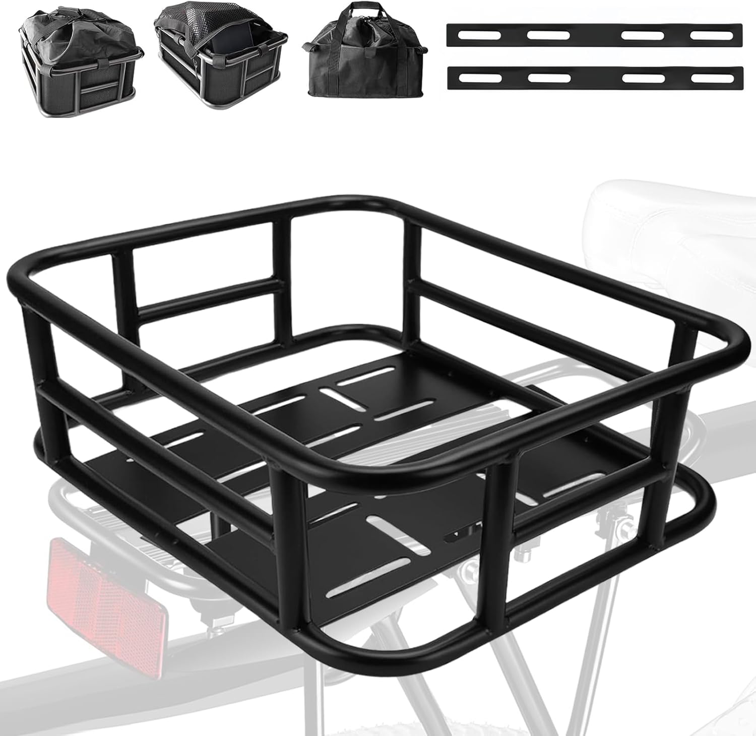 Bike Basket Rear with Liner, Liner Large Bicycle Basket with Cargo Net Waterproof Cover Net Thick Lining Bag, Load Adults Back Basket of E-Bike Bike, for Bike Trip, Carrying Grocery, Ball, Dog 18.5"D x 12.8"W x 6.1"H