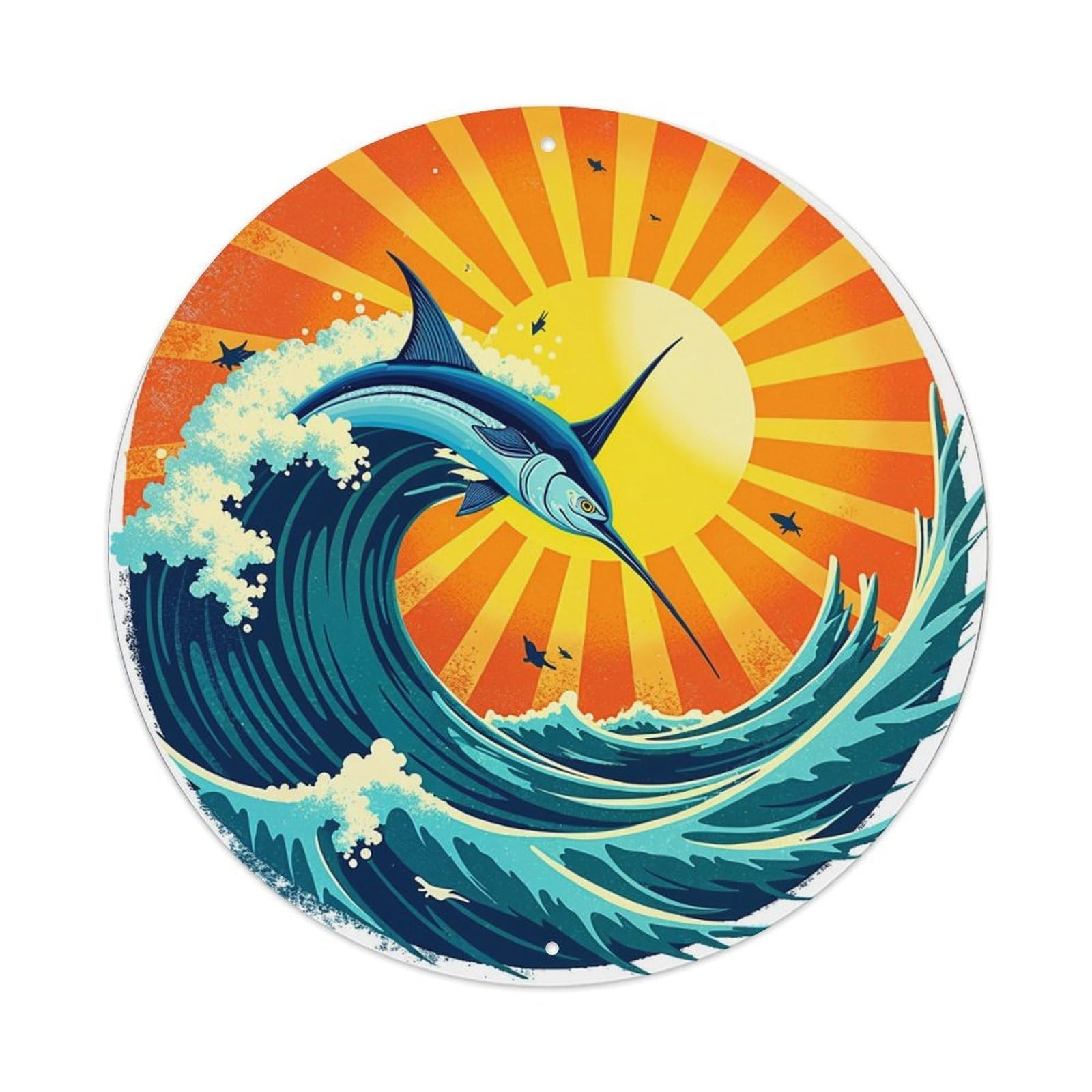 Sunburst Wave Marlin Sky Birds Vintage Round Tin Sign Retro Metal Wall Decor Metal Poster, Home Bar Garage Cafe Wall Art Decoration 8x8Inches