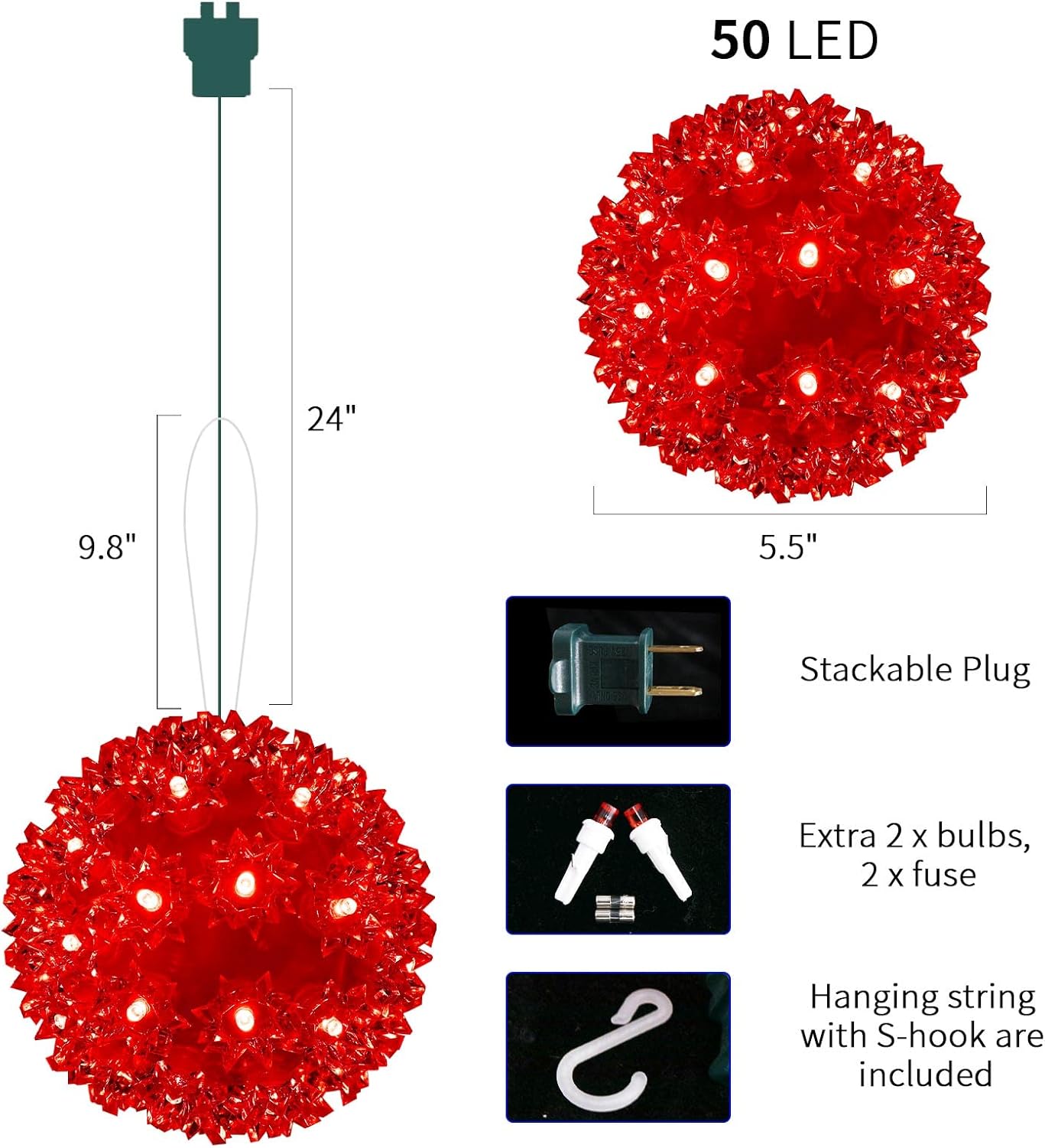 Christmas Lighted Ball 5.5" Outdoor Hanging Sphere Lights Orb 50 LED Red Starlight Sphere for Tree, Porch, Gazebo, Bedroom Decorations