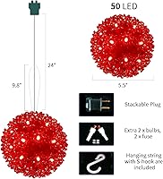 Vista 3 de Esfera iluminada de Navidad de 5.5 pulgadas para colgar al aire libre, esfera de 50 LED, esfera de luz de estrella roja para árbol, porche, cenador