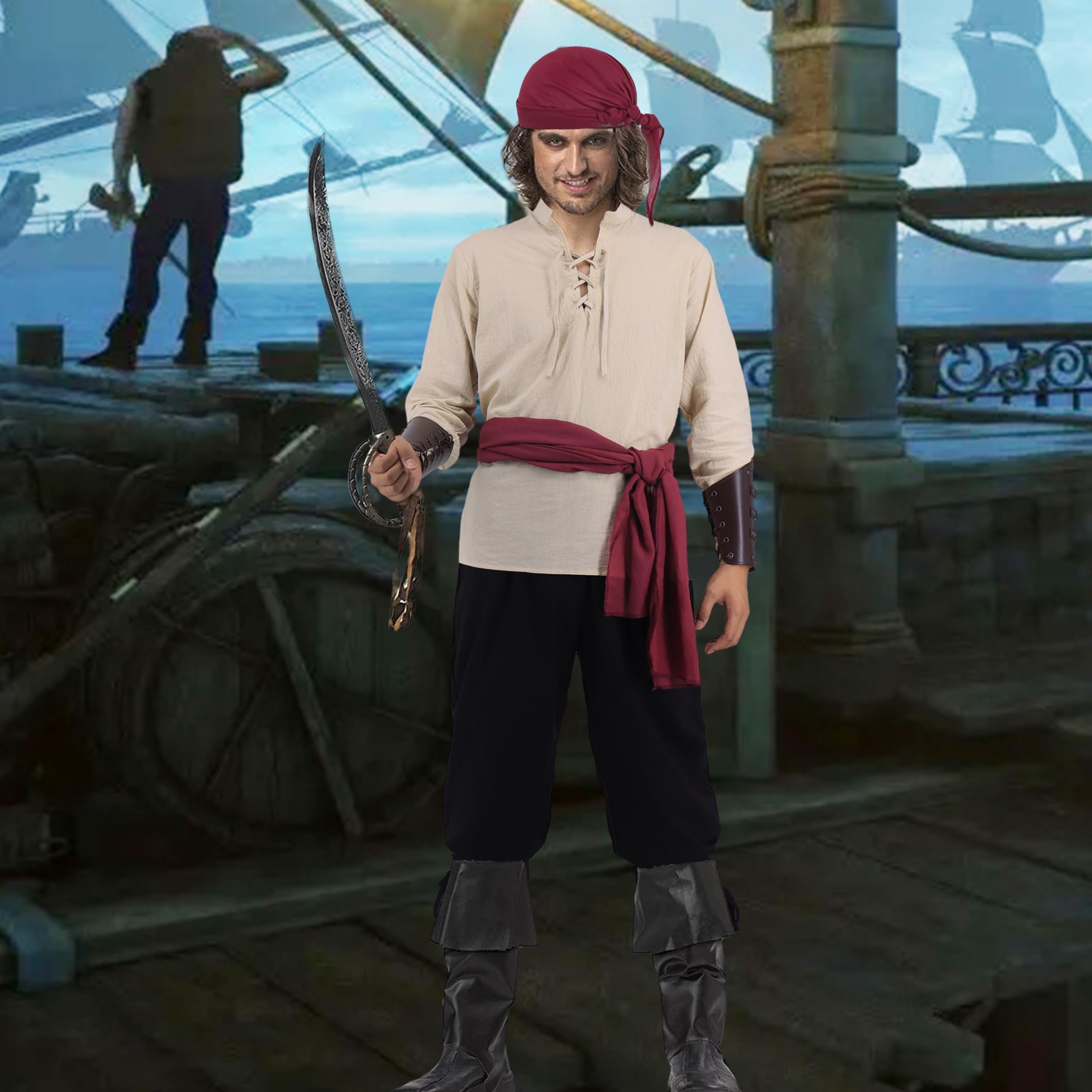 Mrsclaus Piratenkostüm Herren 8 Stück Mittelalter Kleidung Set Renaissance Viking Piraten Kostüm Hose Hemd mit Zubehör Augenklappe Kopftuch Gürtel Armschutz Goldohrring Kunstbart für Karneval