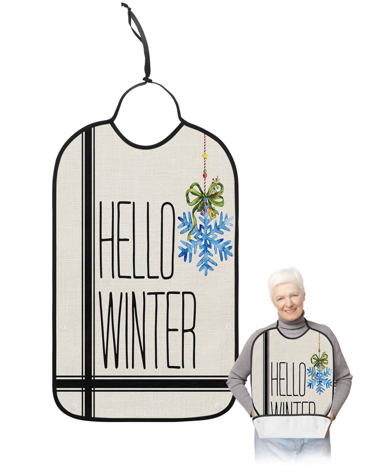 LEOKOTI Hello Winter Adult Bibs for Eating, Waterproof Bibs with Food Catcher & Adjustable Snap Closure, Xmas Blue Winter Snowflake Black Striped Washable Clothing Protectors Adult Bibs for Elderly