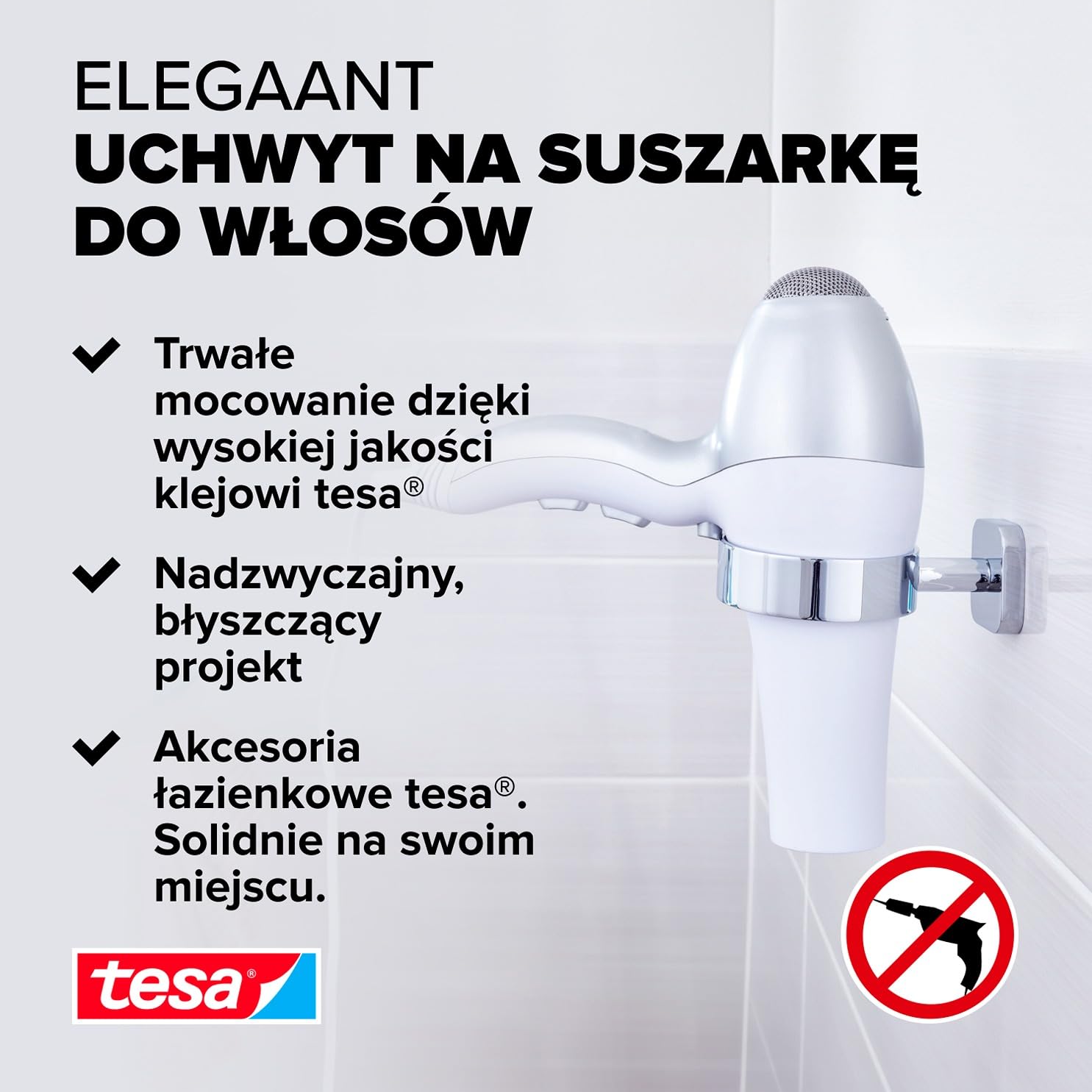 tesa ELEGAANT Uchwyt na suszarkę chromowany, szlachetny design, metal, w zestawie z rozpuszczalnikiem klejącym, mocny uchwyt, 128 mm x 86 mm x 50 mm