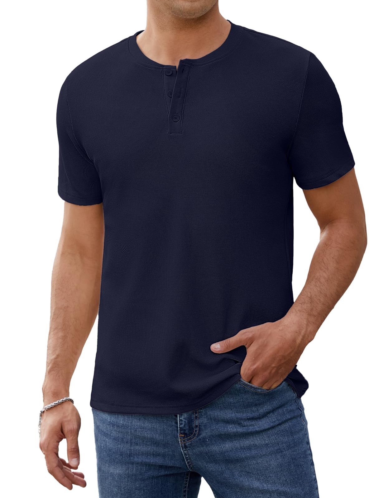 INCERUN Men's Henley Shirts Short Sleeve Casual Waffle Knit Basic Tee Summer Button Henley Soild T Shirts