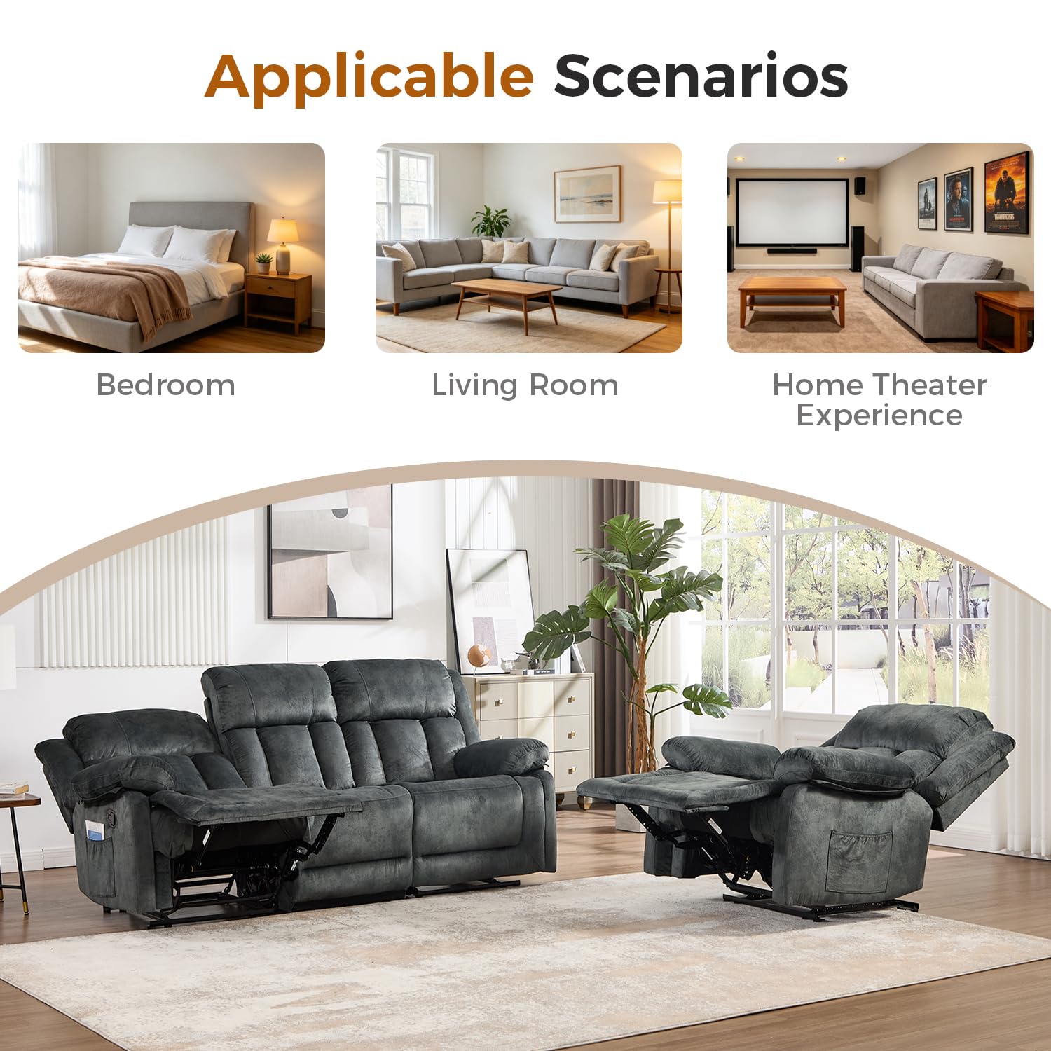Manual Recliner Set Overstuffed Chair Wall-Hugger 3-Seat Loveseat Sofa Grey 1+3 image 6