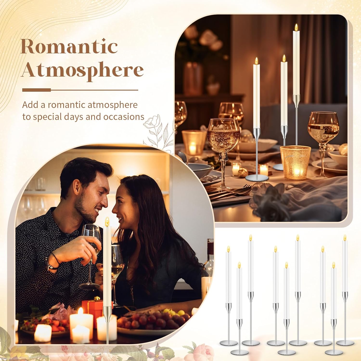 30 Pcs Silver Candlestick Holders with Flameless LED Candles Bulk Includes 15 Metal Candle Holders and 15 Battery Operated Taper Candles for Wedding Valentines Table Centerpieces Home Decor