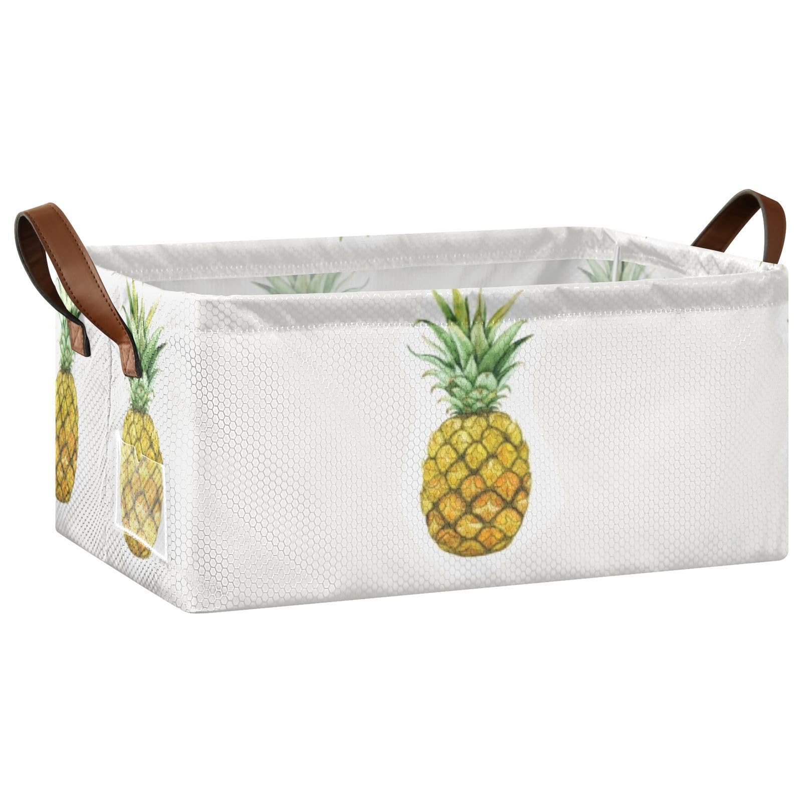 Fygkptb Yellow Pineapple with Green Leaves Isolated on White 1 PC Rectangle Foldable Frame Basket Leather Handles Storage Bin for Laundry Bathroom Organizer 16.9 x 11.4 x 7.7 inch