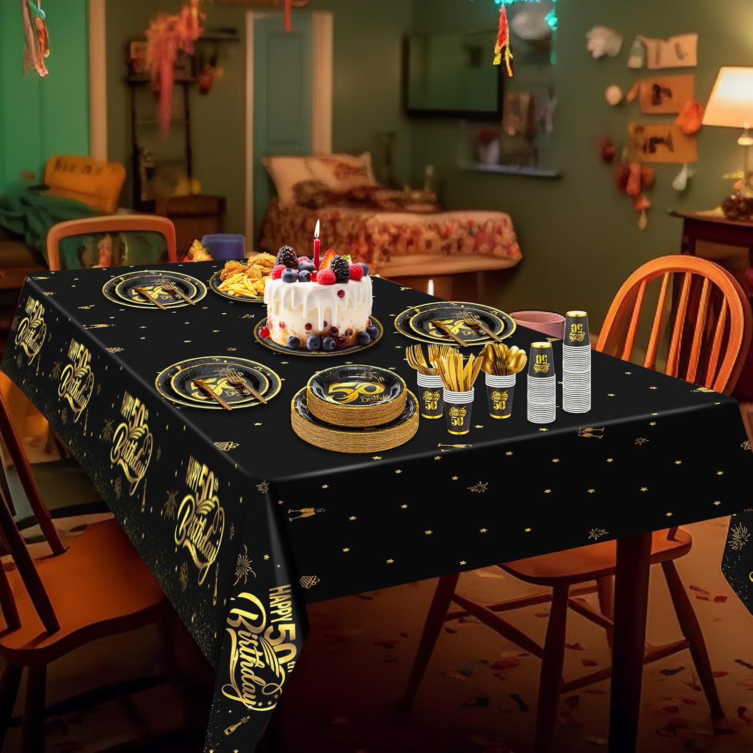 Yaomiao 146 Pcs 50th Birthday Party Decorations 50th Birthday Plates Disposable Tablecloth, Paper Cup, Plates Set for 24 Guests Women Men Party Supplies
