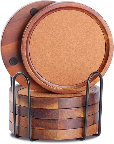 WLWNWFT Posavasos de madera de acacia para mesa auxiliar, 6 posavasos de 4.72 pulgadas para bebidas, posavasos de fieltro absorbente para decoración